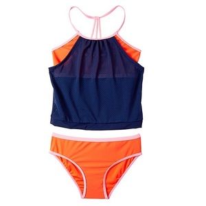 Big Chill Navy & Orange mesh overlay tankini top & bottoms Girls Size 4 swimsuit